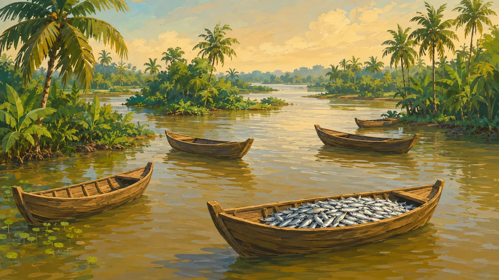 Illustrated coastal scene evoking Vietnam — the home of 3 Cô Gái