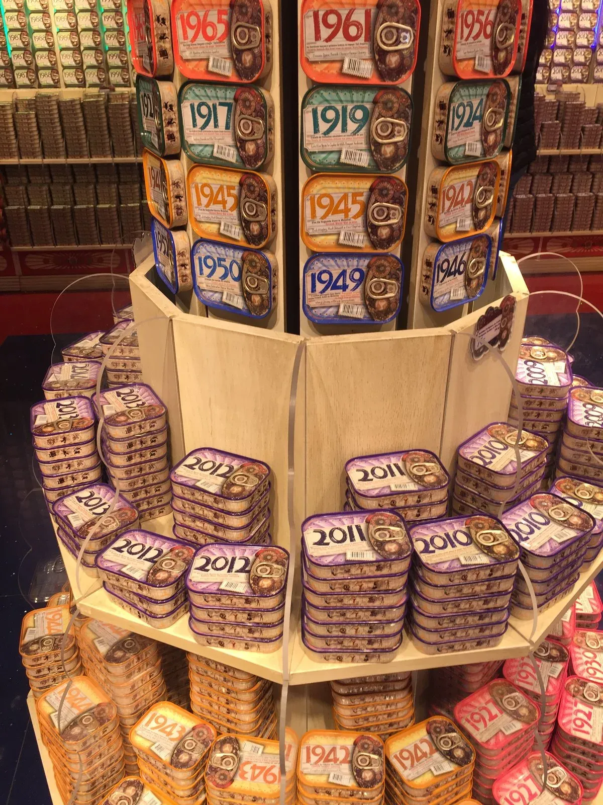 A carousel display of year-dated sardine tins in a Lisbon shop