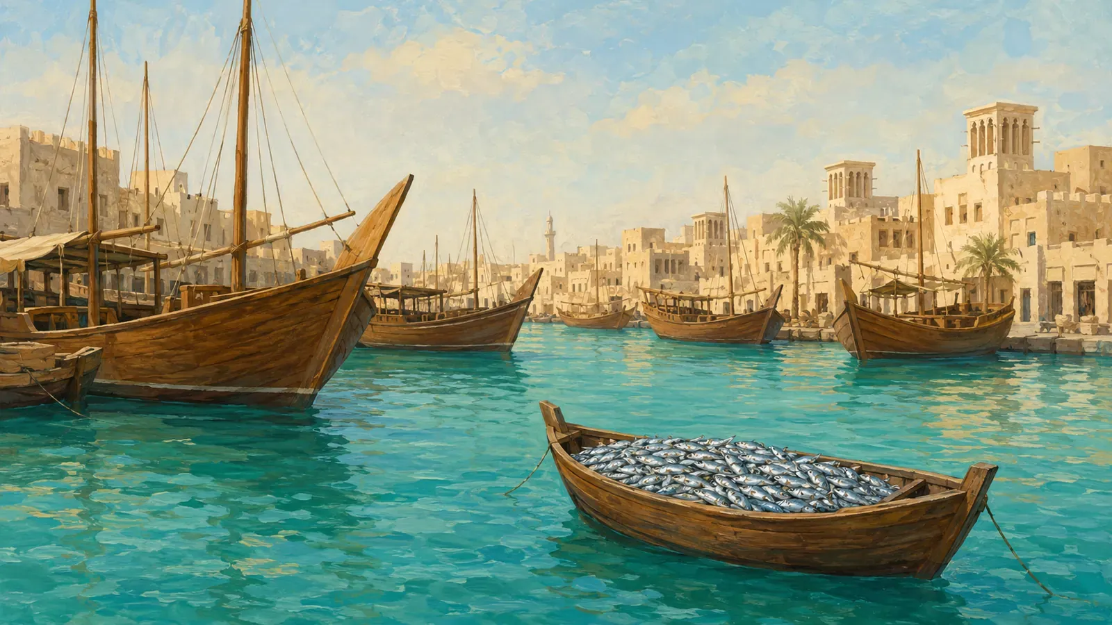 Illustrated coastal scene evoking United Arab Emirates — the home of Al Alali