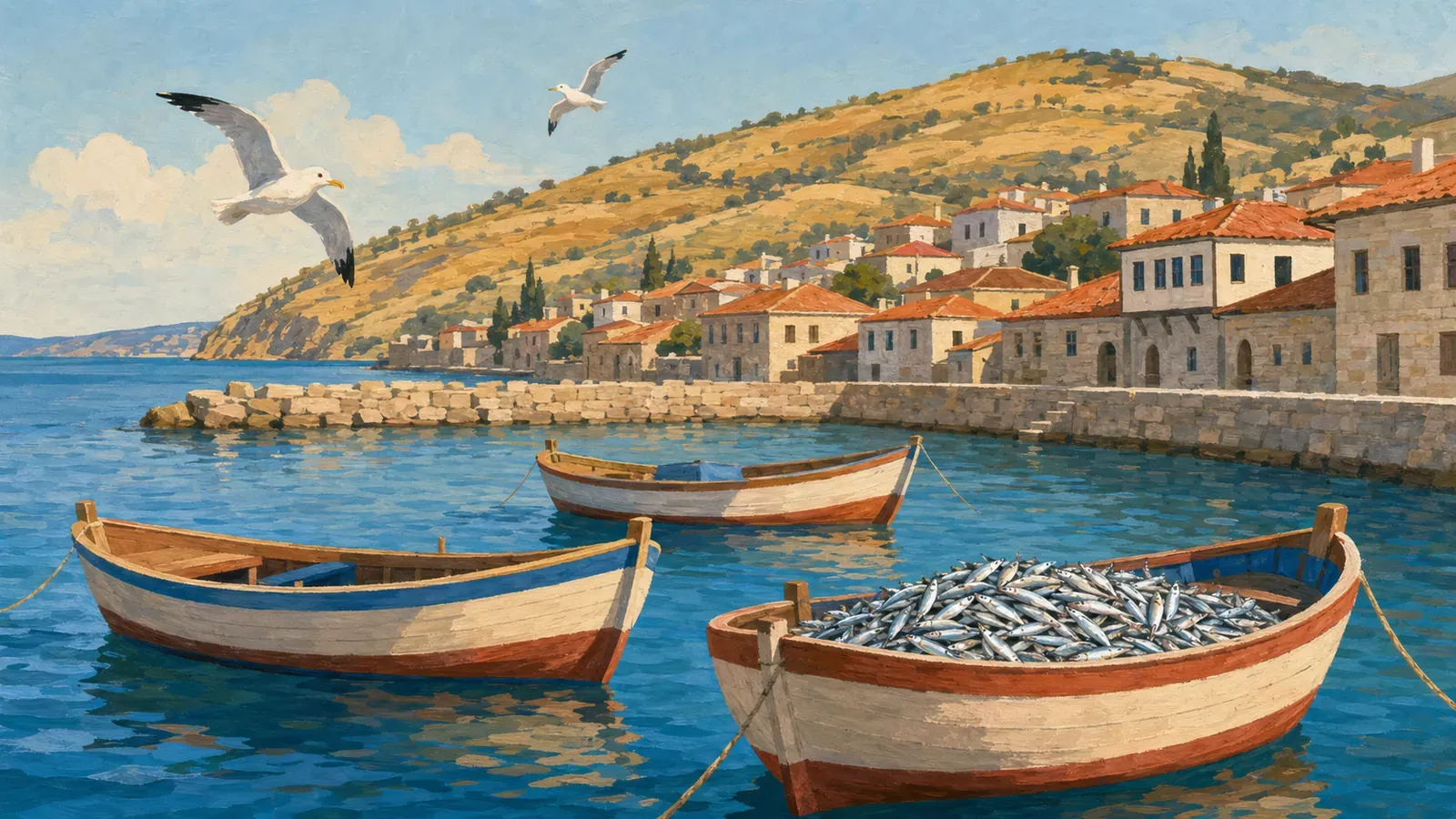 Illustrated coastal scene evoking Turkey — the home of Alâeddin Konserveleri