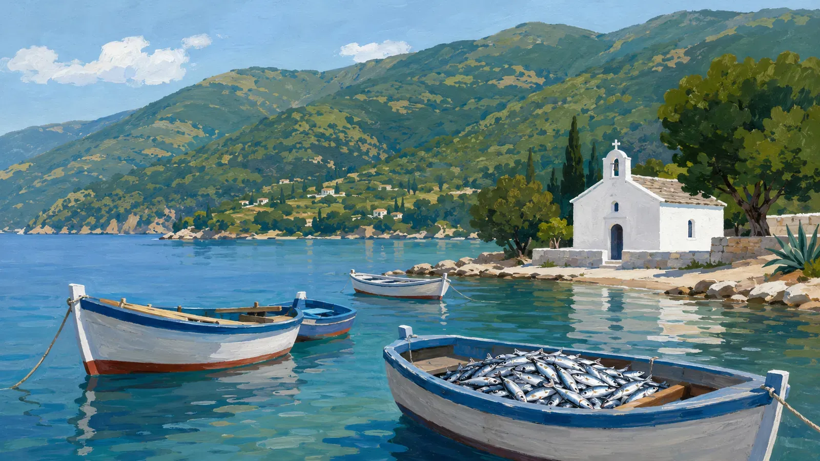 Illustrated coastal scene evoking Greece — the home of Ambrosia
