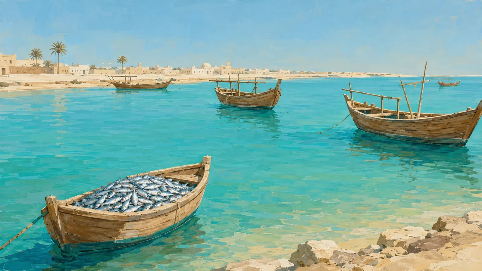 Illustrated coastal scene evoking United Arab Emirates — the home of American Garden