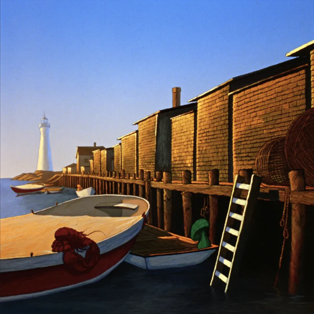 Illustrated coastal scene evoking USA — the home of Bela