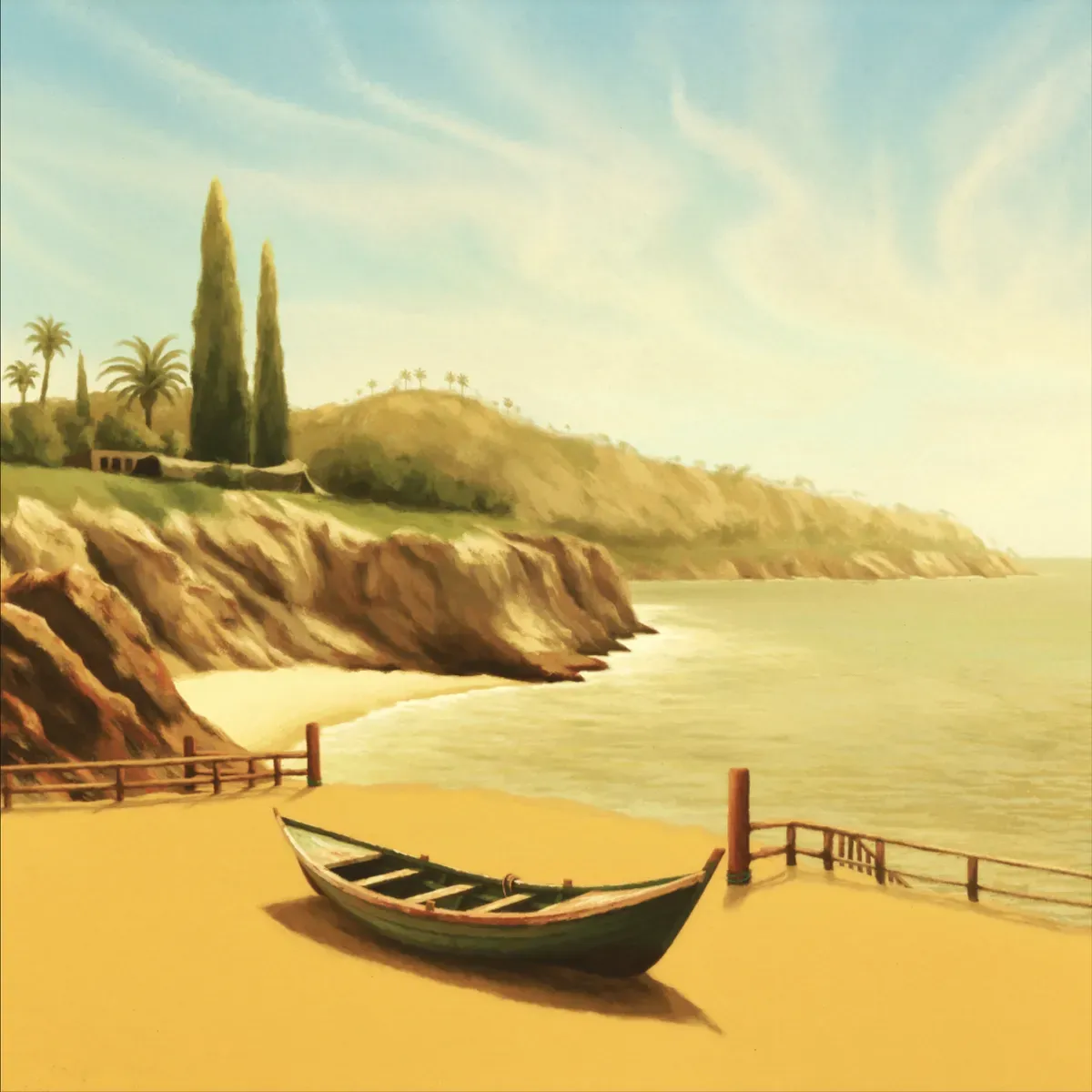 Illustrated coastal scene evoking USA — the home of Crown Prince