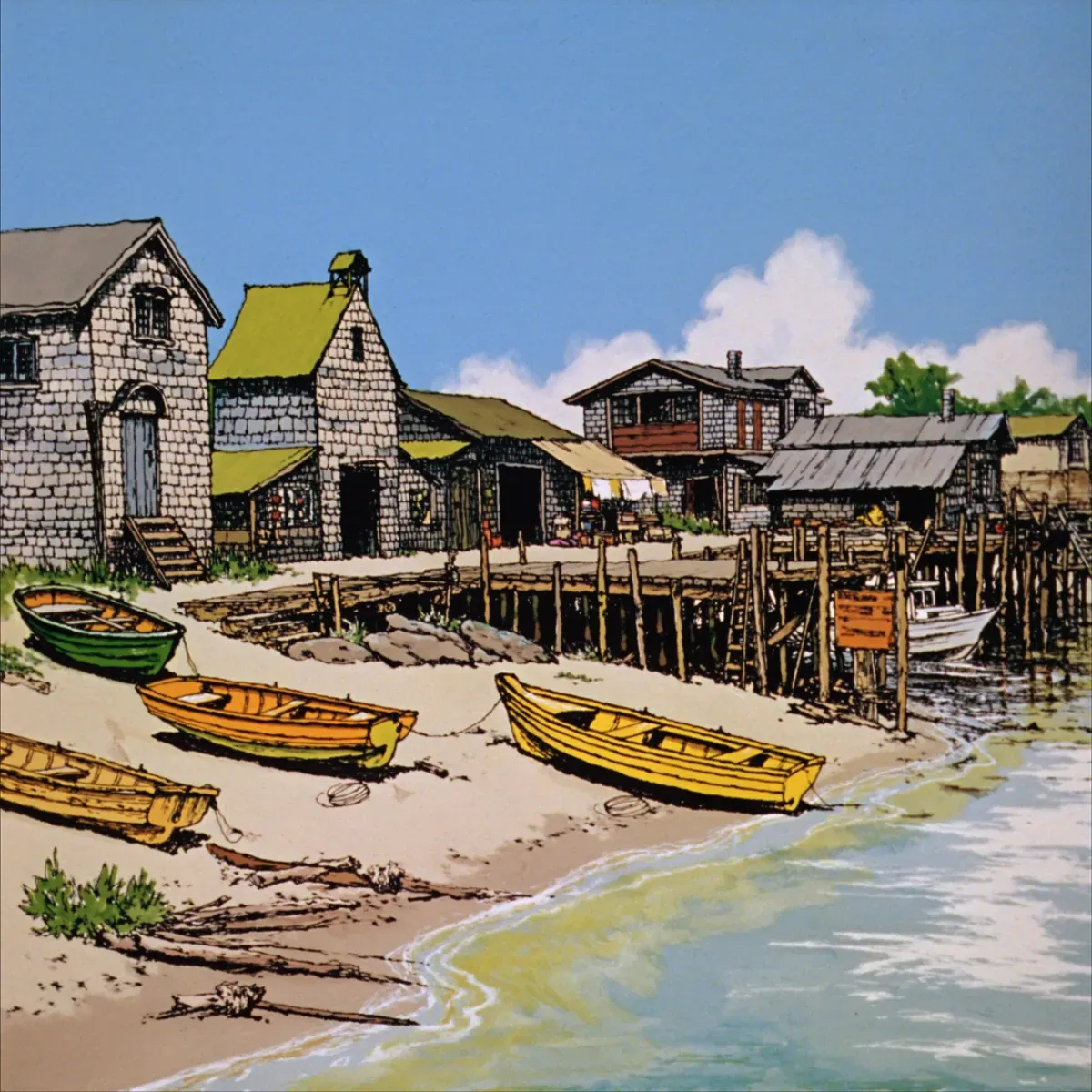 Illustrated coastal scene evoking USA — the home of Underwood