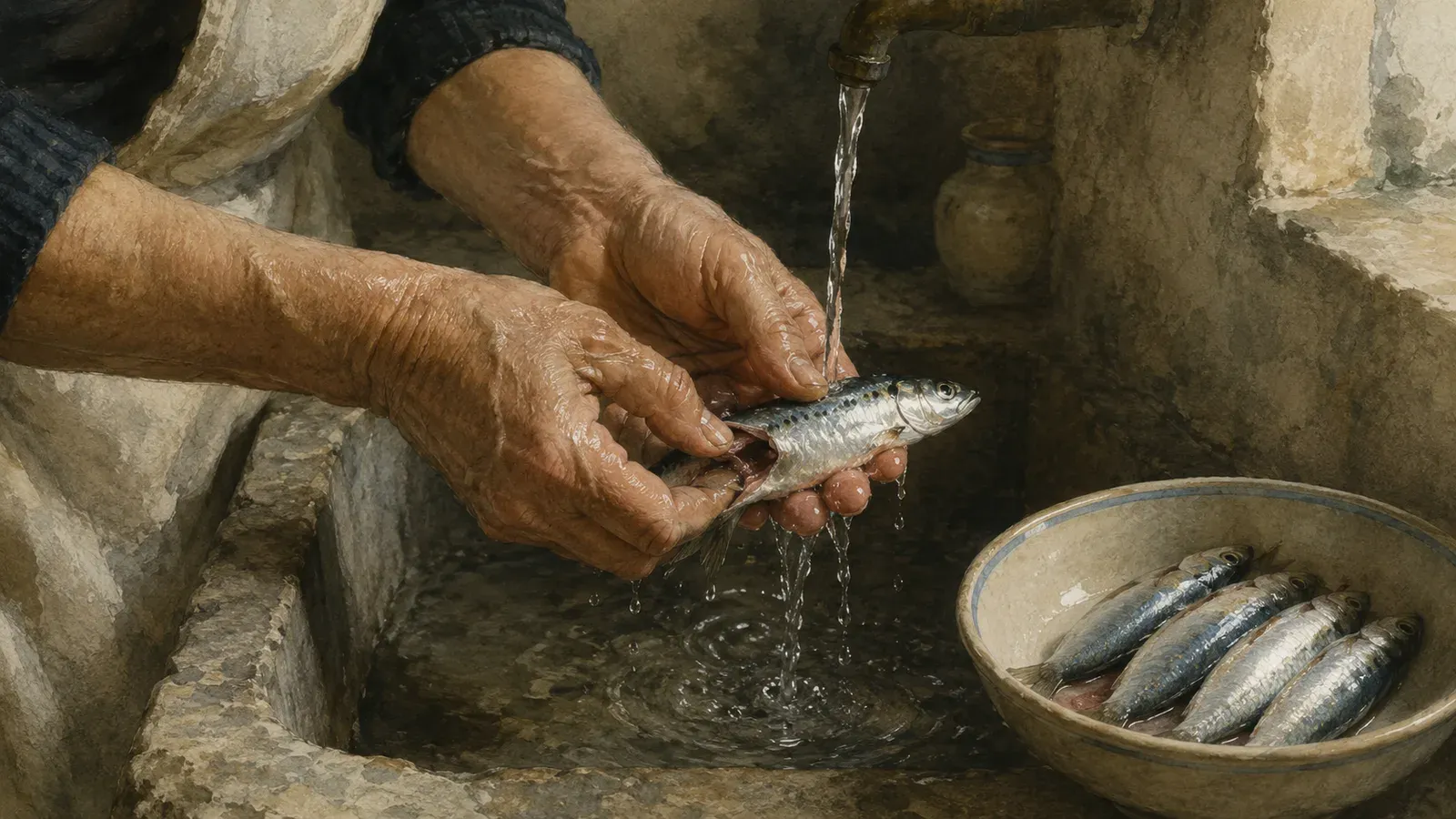 Weathered hands cleaning a small sardine under running water over a stone sink, a bowl of cleaned silver fish beside