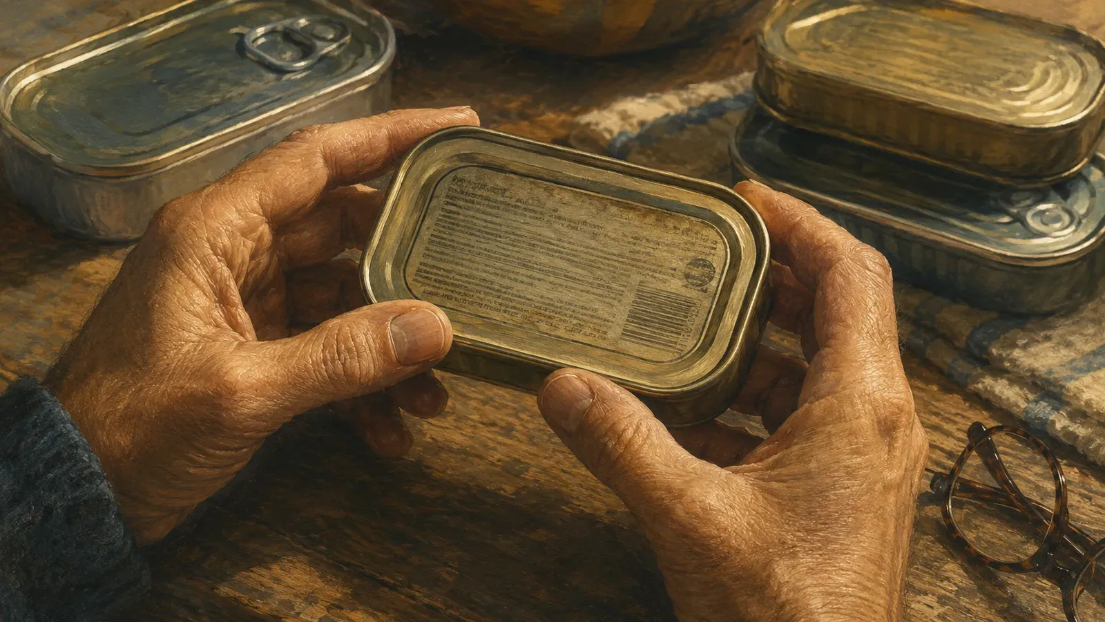 A hand holds a sardine tin at a shop shelf, a magnifying glass enlarging the fine print with the Latin species name while the front label reads SARDINES