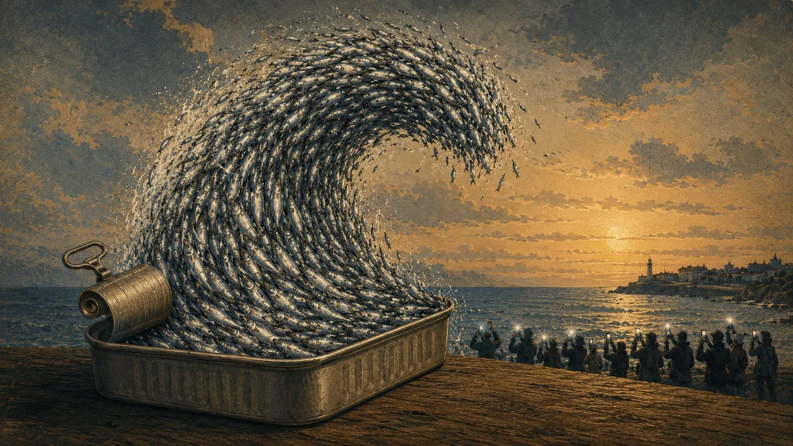 Illustration of a great wave of sardines rising from an open tin while a crowd photographs it from the shore