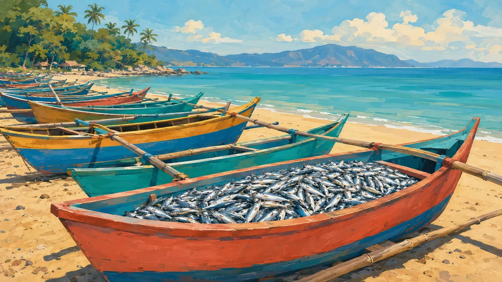 Illustrated coastal scene evoking Indonesia — the home of Asahi