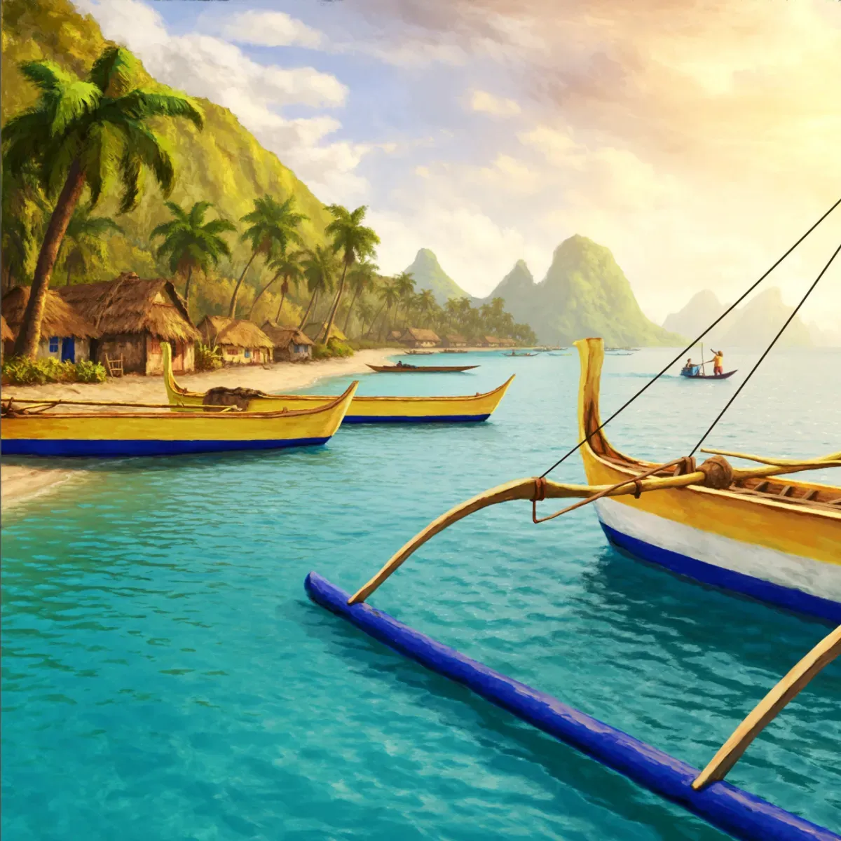 Illustrated coastal scene evoking Philippines — the home of Atami