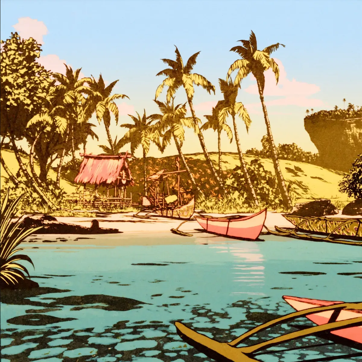 Illustrated coastal scene evoking Philippines — the home of Lucky 7