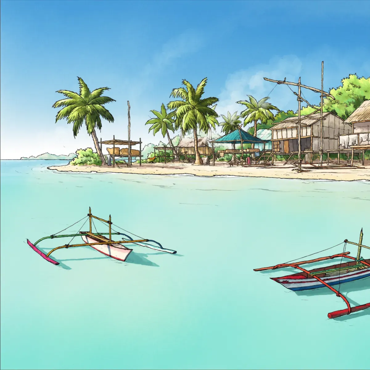 Illustrated coastal scene evoking Philippines — the home of Master