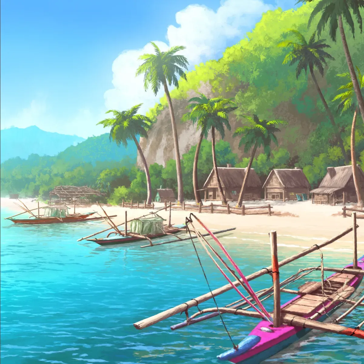 Illustrated coastal scene evoking Philippines — the home of Mikado