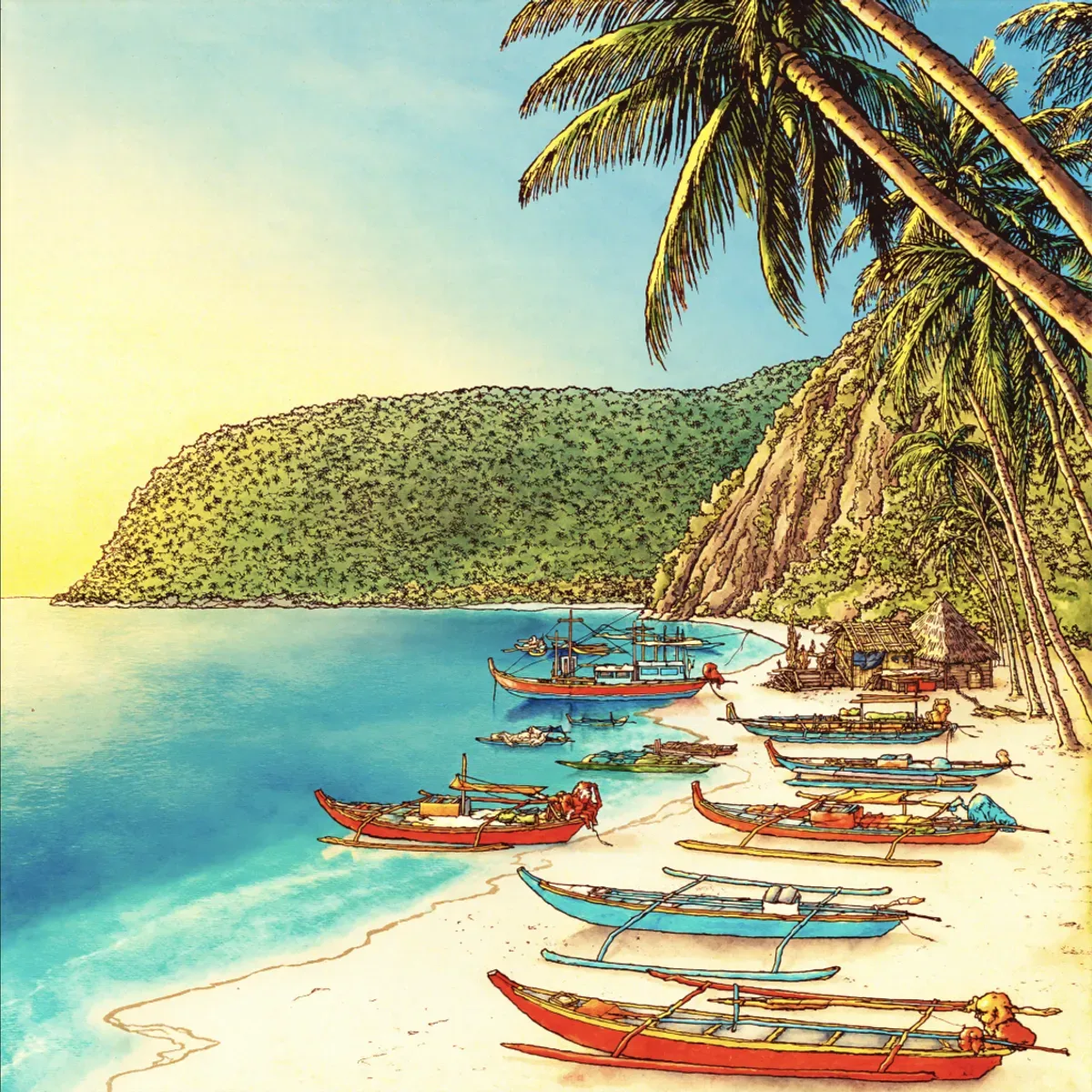 Illustrated coastal scene evoking Philippines — the home of Saba
