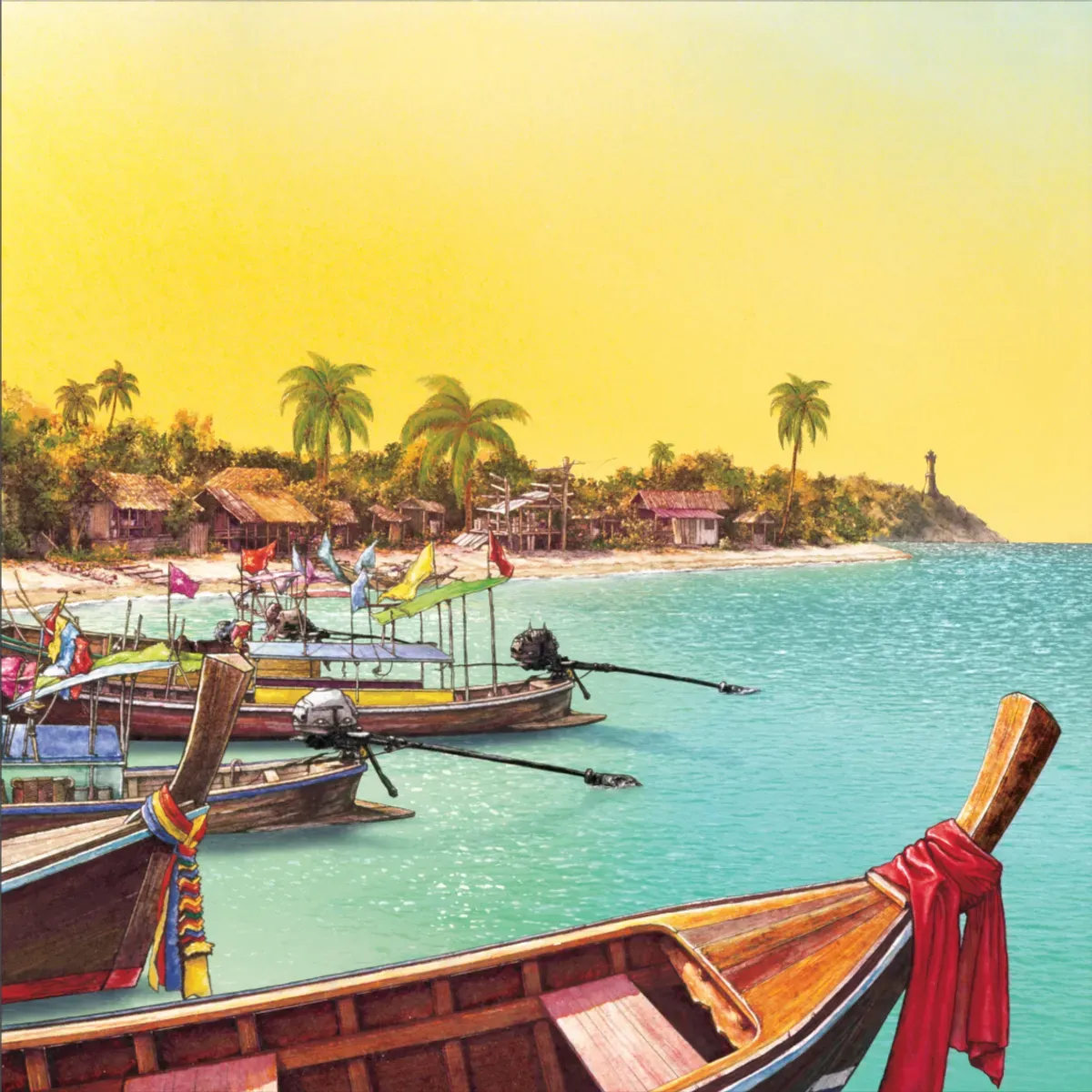 Illustrated coastal scene evoking Thailand — the home of Three Lady Cooks