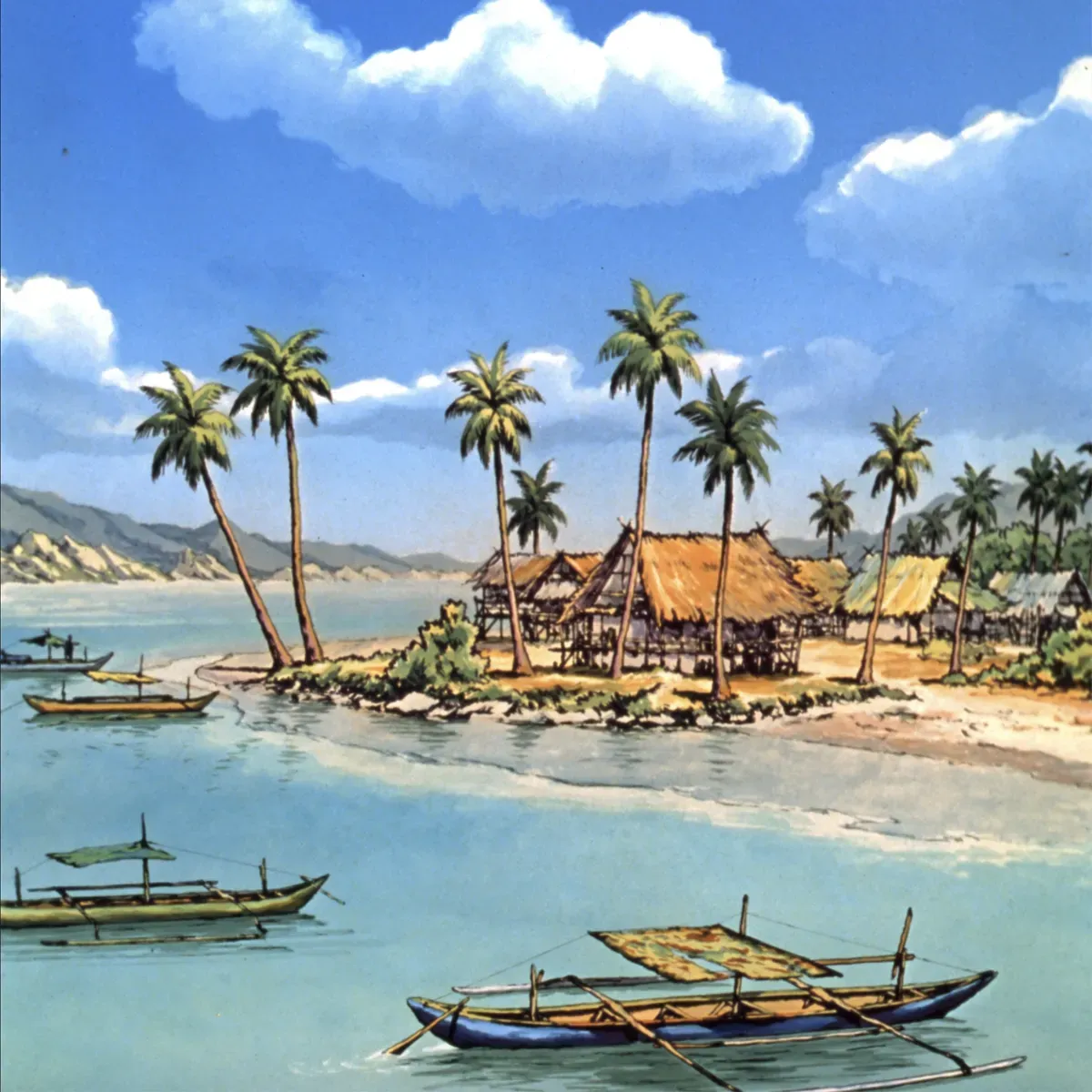 Illustrated coastal scene evoking Philippines — the home of Young's Town