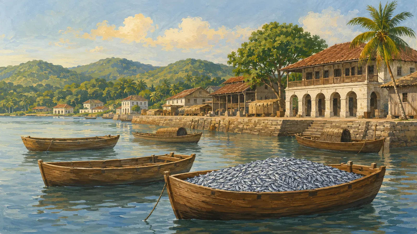 Illustrated coastal scene evoking Singapore — the home of Ayam Brand