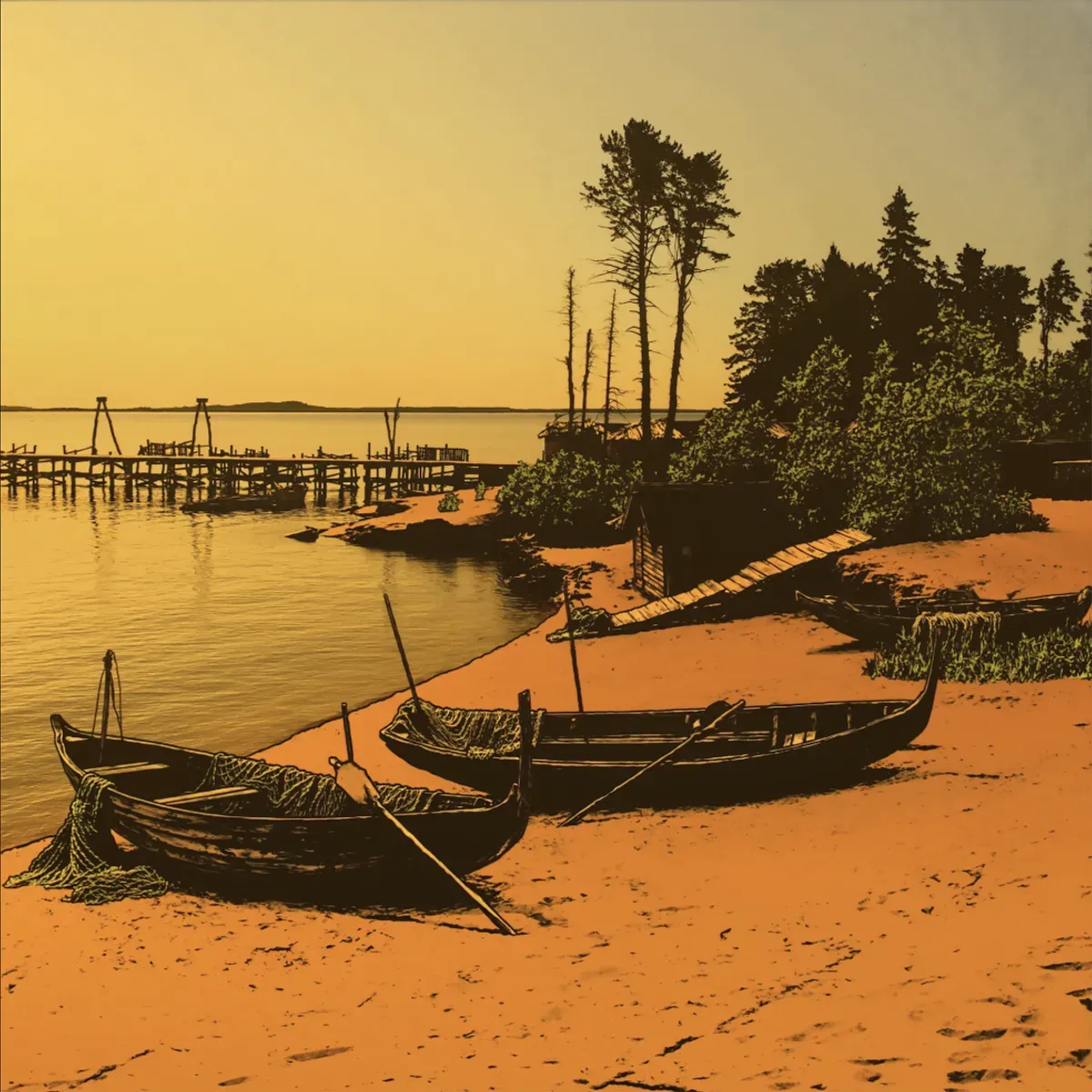 Illustrated coastal scene evoking Latvia — the home of Brīvais Vilnis