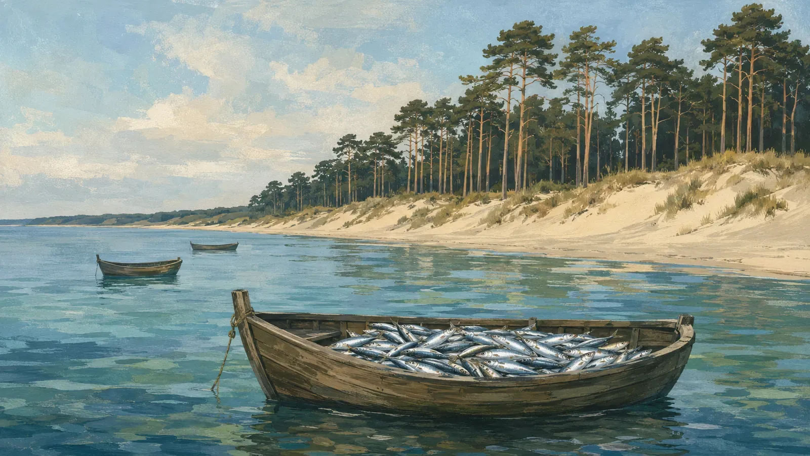 Illustrated coastal scene evoking United States — the home of Baltic Gold