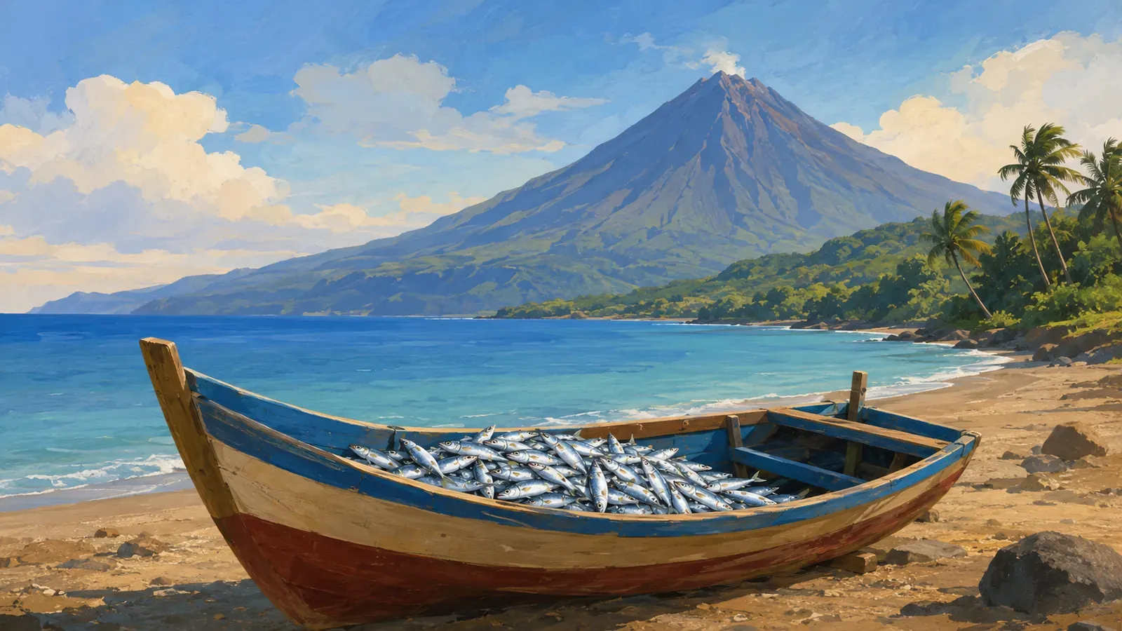 Illustrated coastal scene evoking Indonesia — the home of Botan (Indonesia)