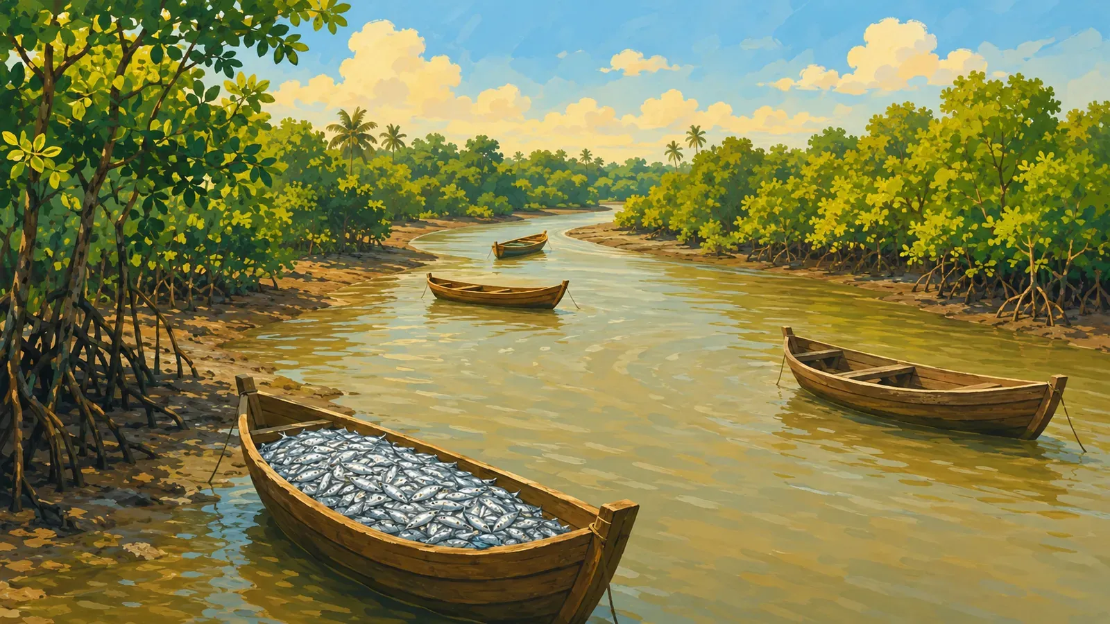 Illustrated coastal scene evoking Malaysia — the home of Botan (Malaysia)