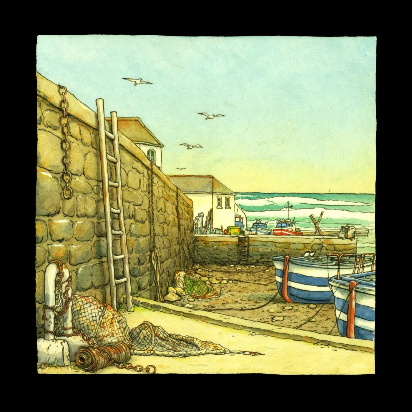 Illustrated coastal scene evoking United Kingdom — the home of Fish4Ever
