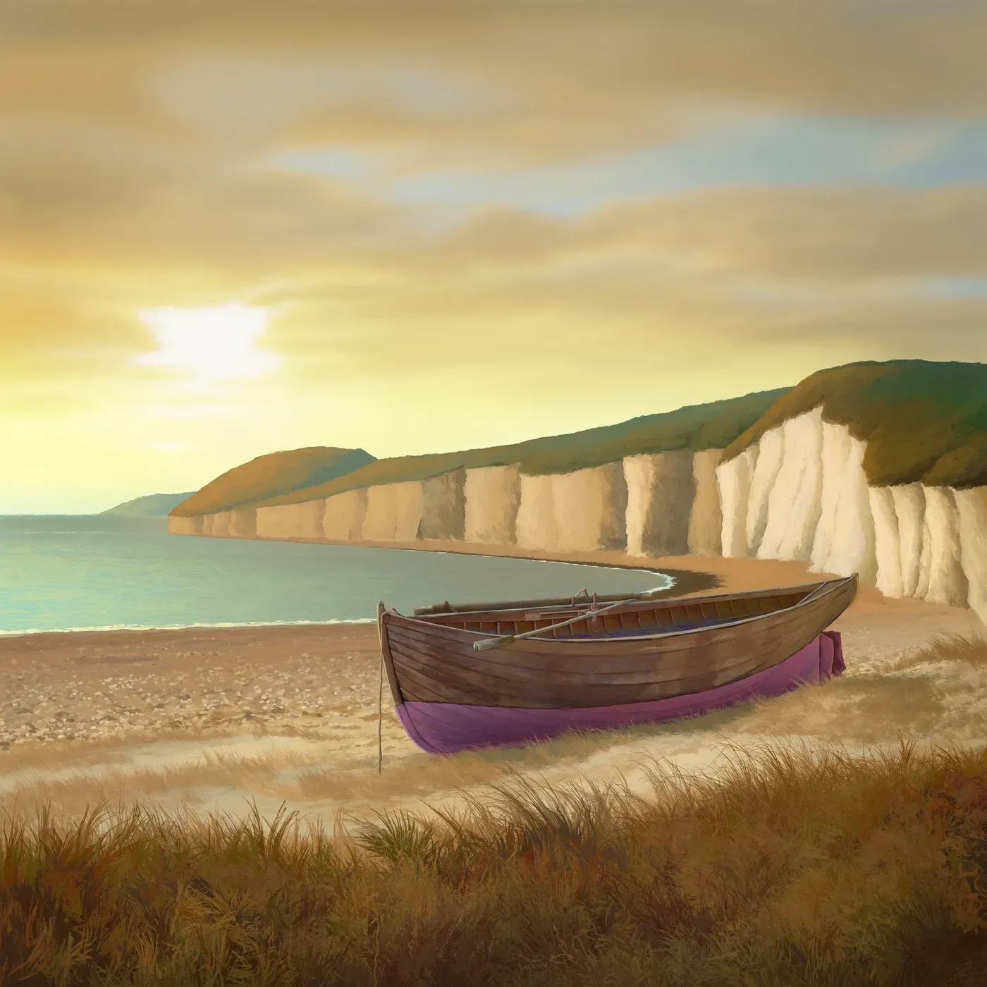 Illustrated coastal scene evoking United Kingdom — the home of Sea Sisters Cannery