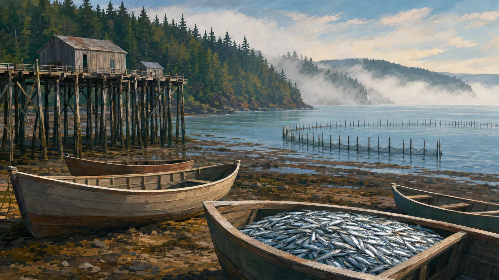 Illustrated coastal scene evoking Canada — the home of Brunswick