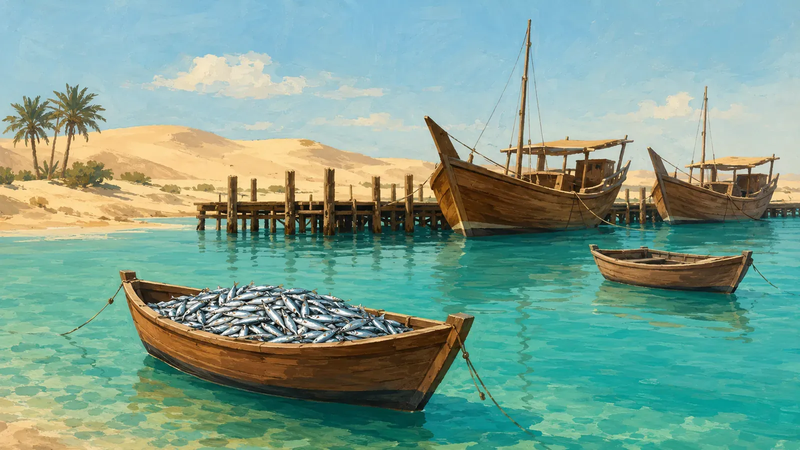 Illustrated coastal scene evoking United Arab Emirates — the home of California Garden