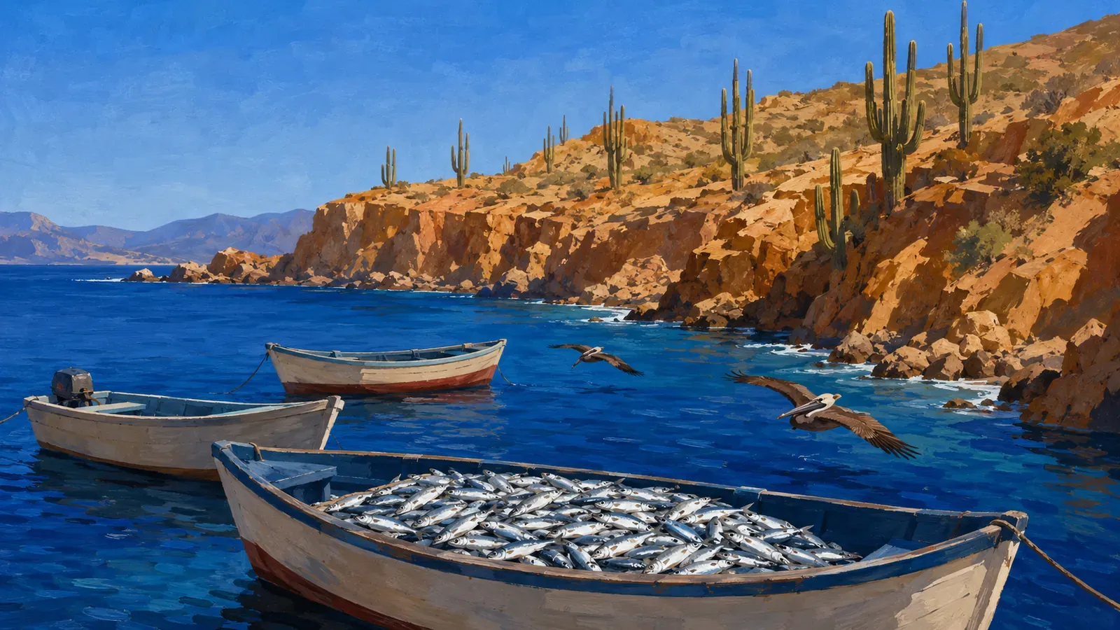 Illustrated coastal scene evoking Mexico — the home of Calmex