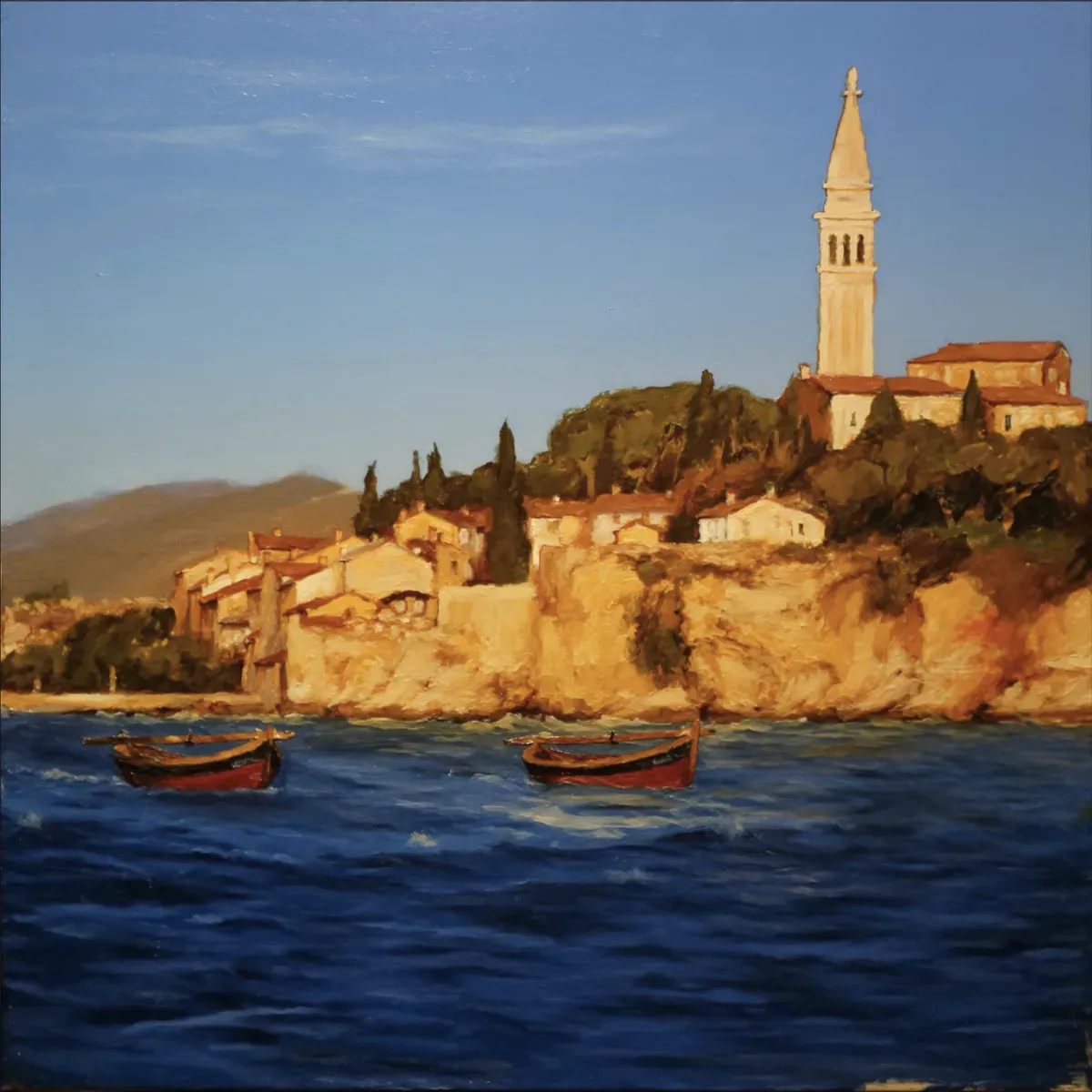 Illustrated coastal scene evoking Croatia — the home of Mirna (Podravka)