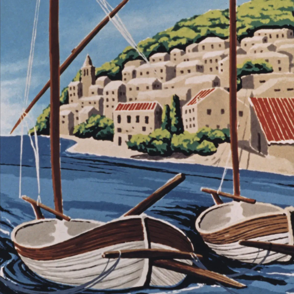 Illustrated coastal scene evoking Croatia — the home of Mardešić