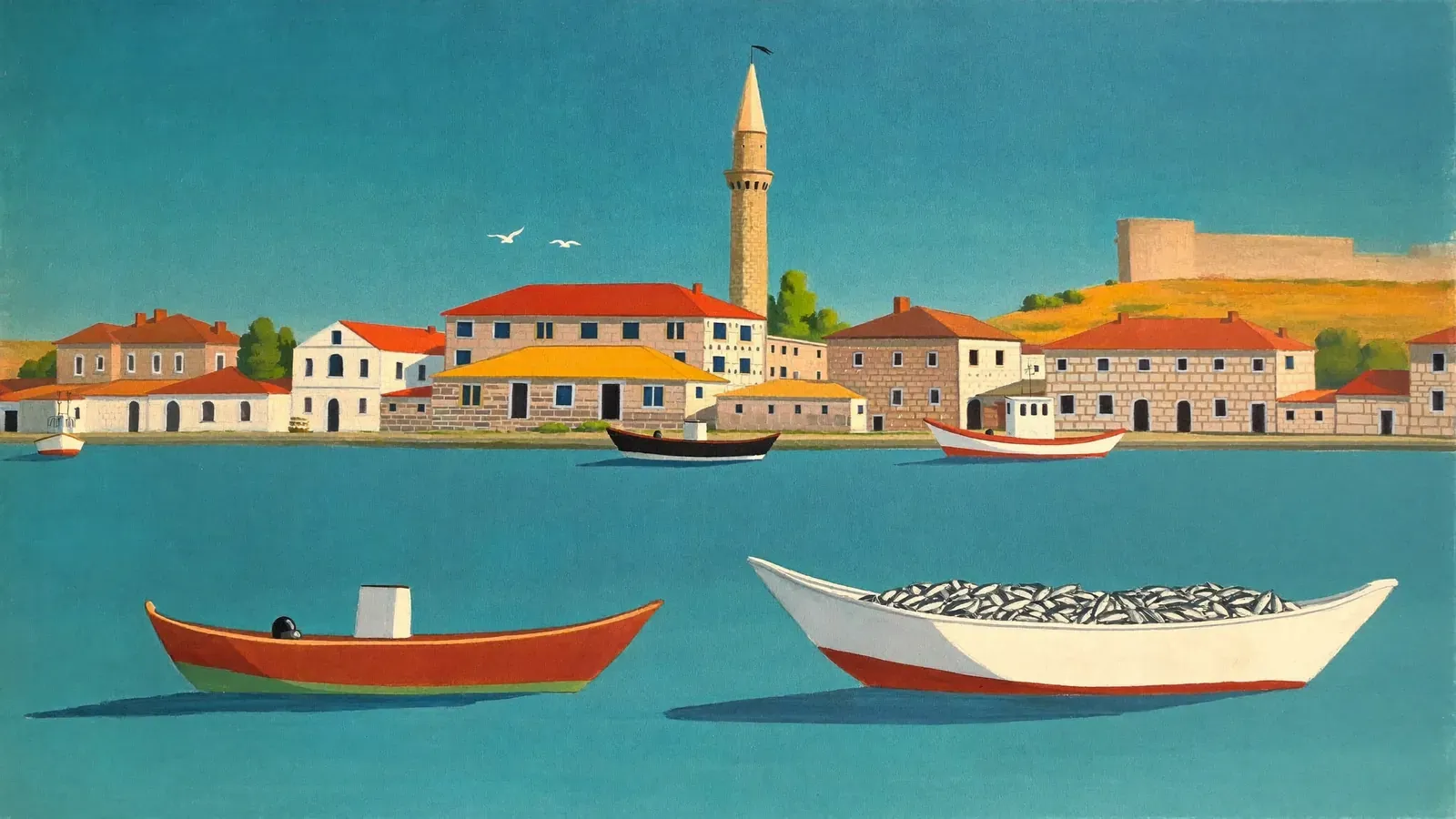 Illustrated coastal scene evoking Turkey — the home of Dardanel