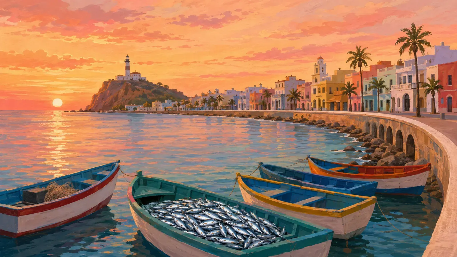 Illustrated coastal scene evoking Mexico — the home of Dolores