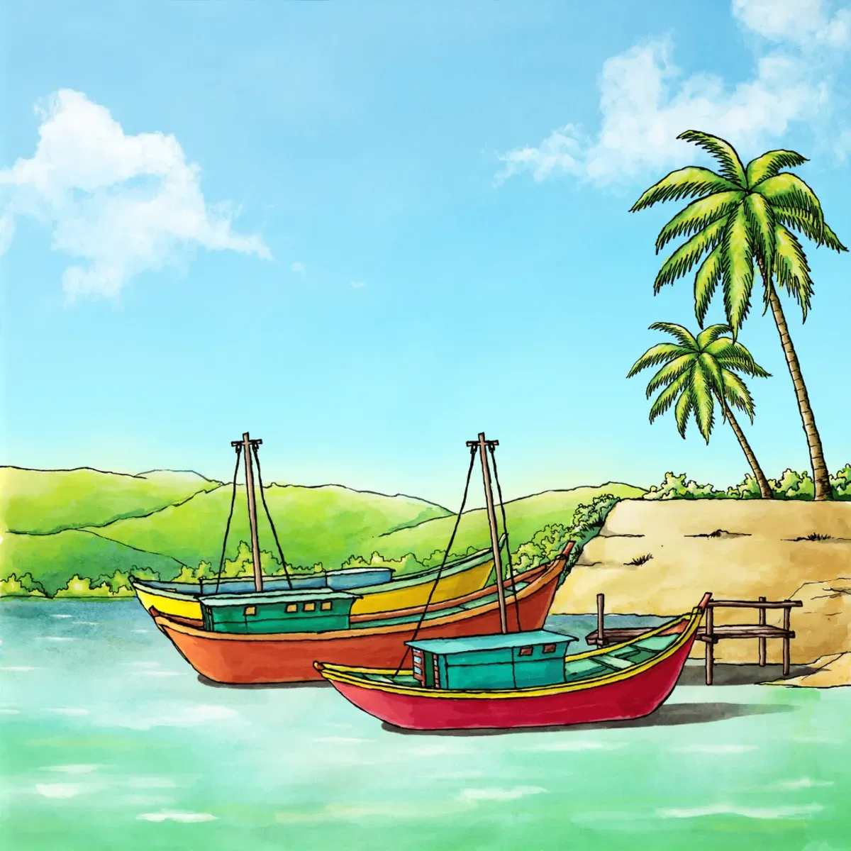 Illustrated coastal scene evoking Ecuador — the home of Marytuna