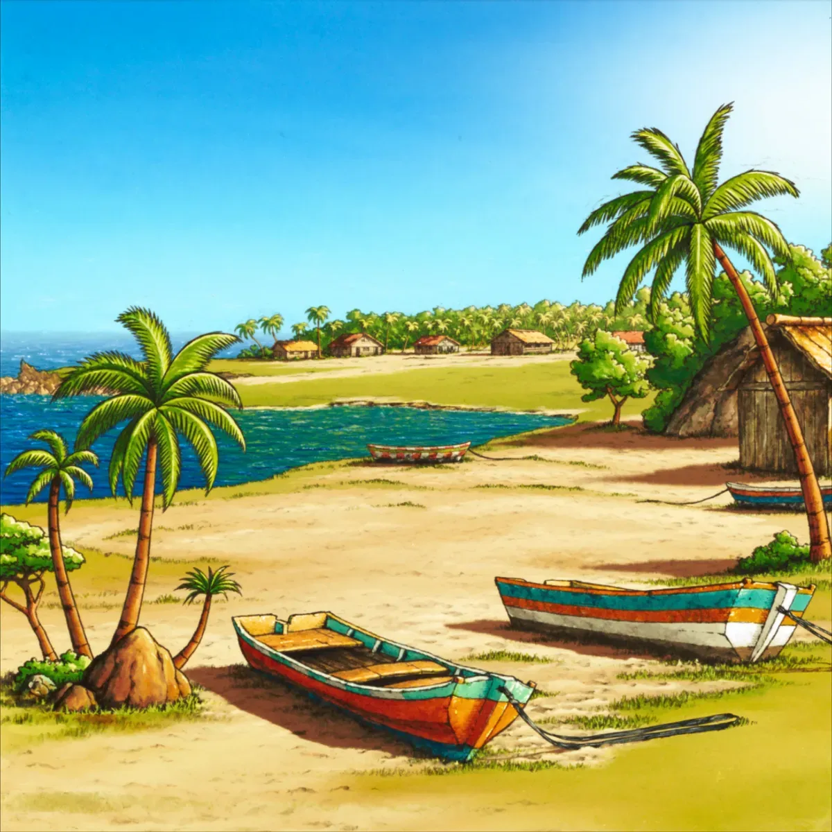 Illustrated coastal scene evoking Ecuador — the home of Van Camp's