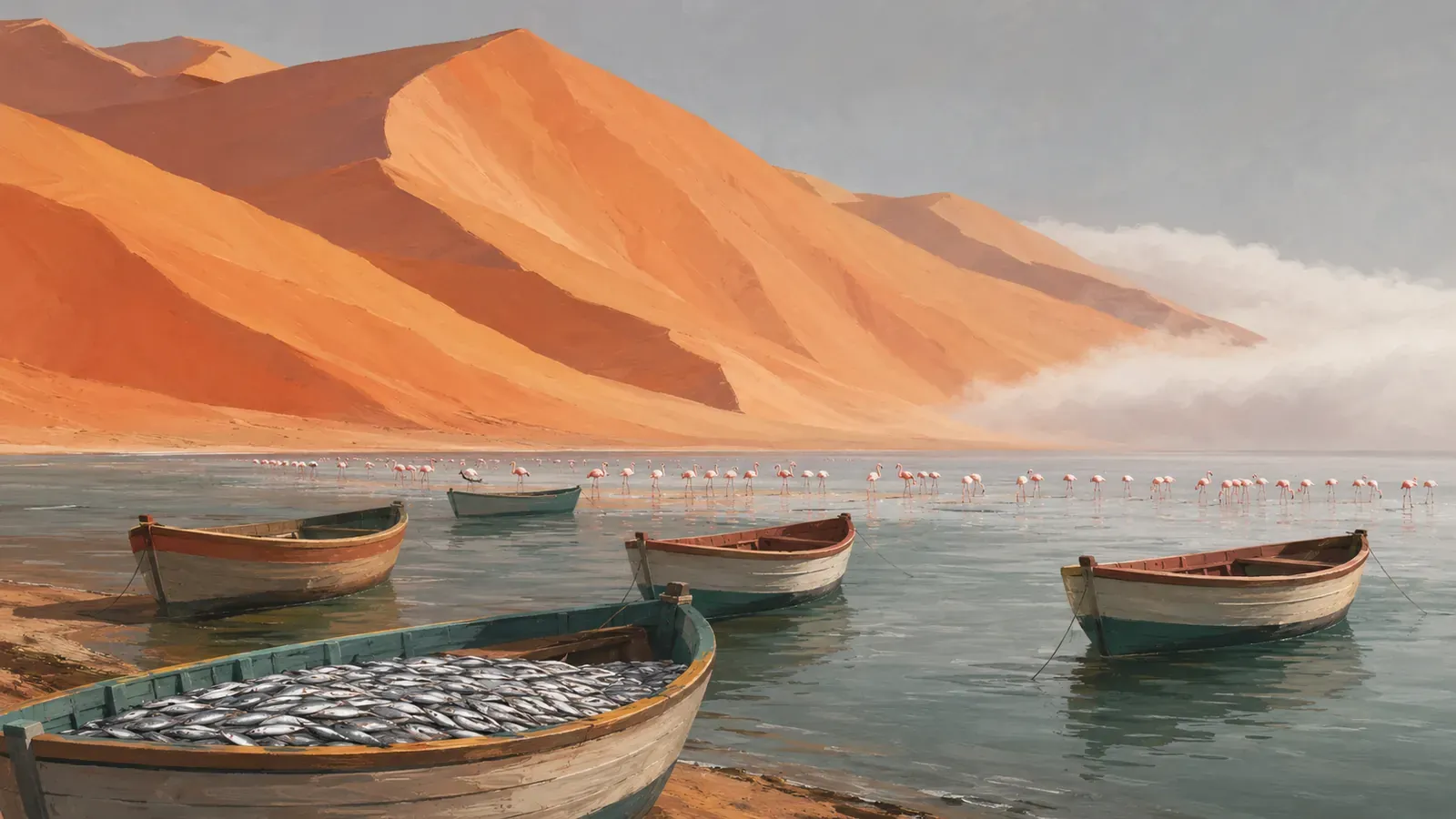 Illustrated coastal scene evoking Namibia — the home of Efuta