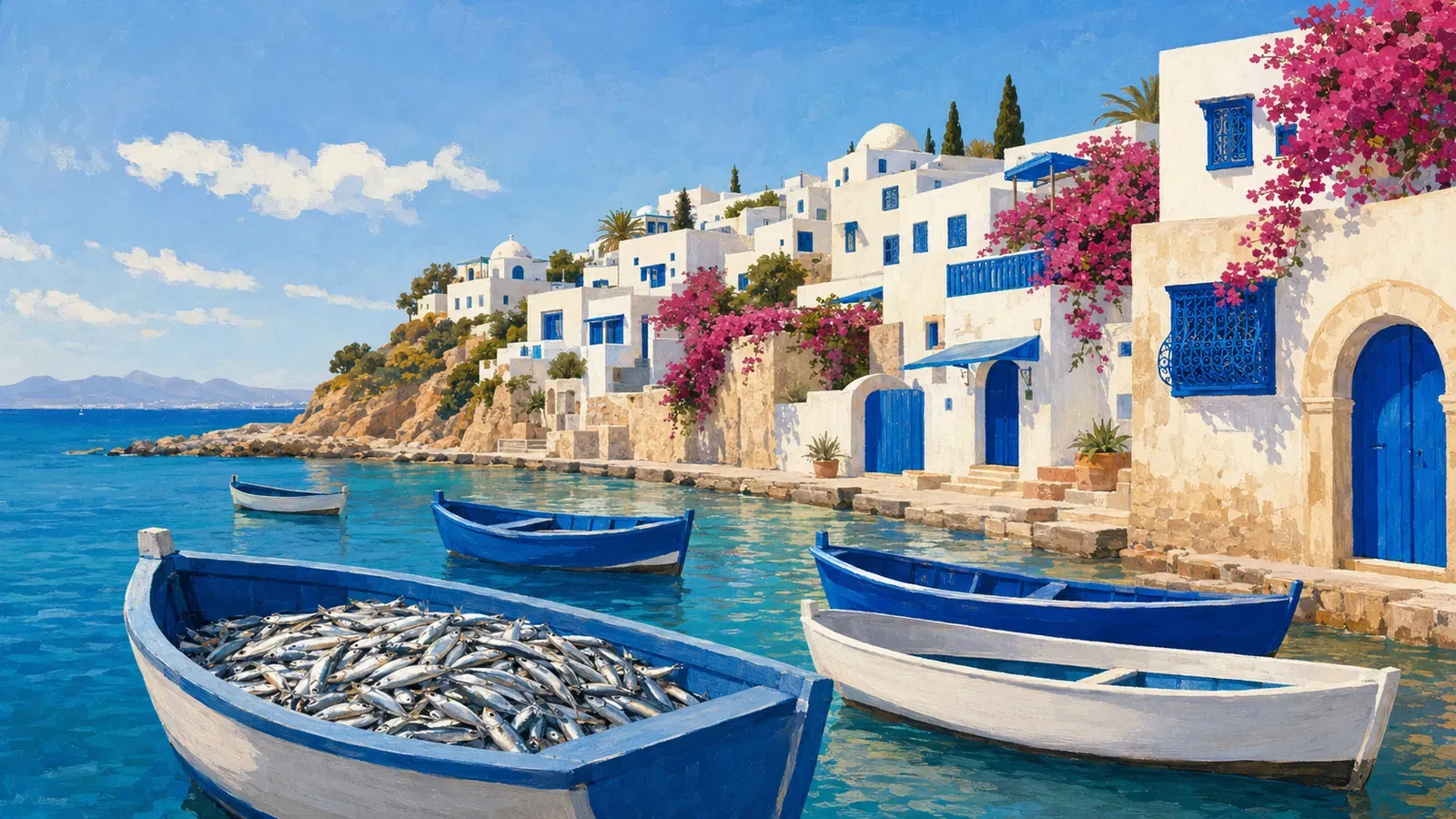 Illustrated coastal scene evoking Tunisia — the home of El Manar