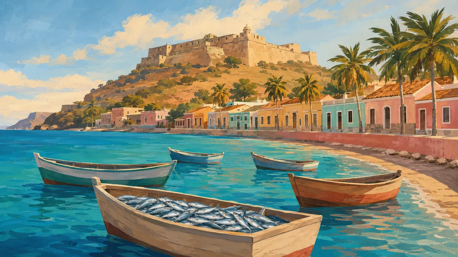 Illustrated coastal scene evoking Venezuela — the home of Eveba