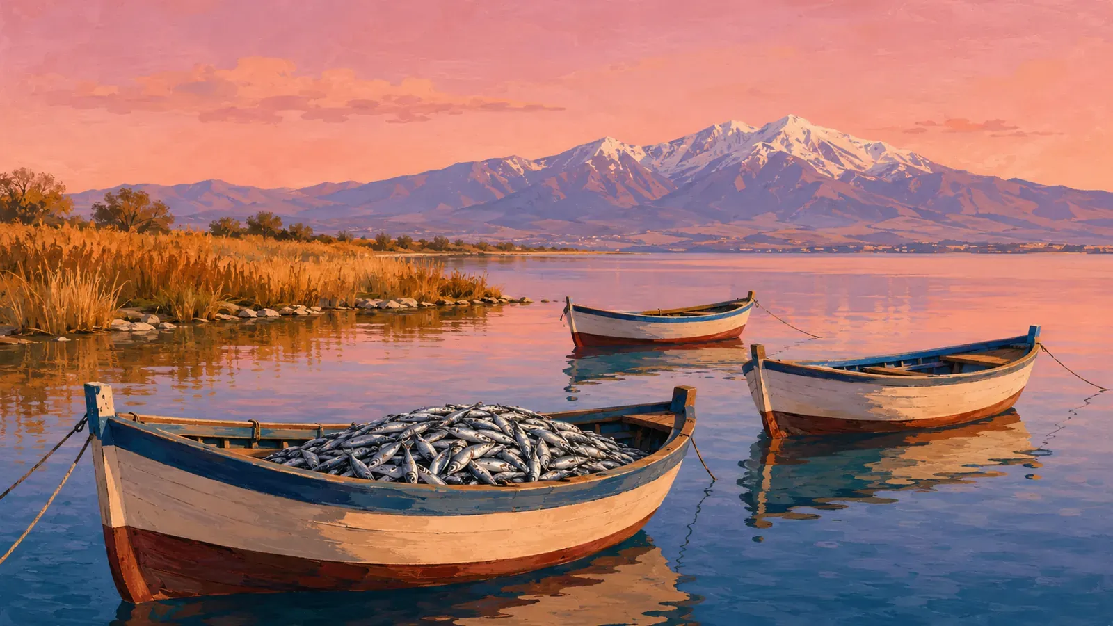 Illustrated coastal scene evoking Greece — the home of Flokos