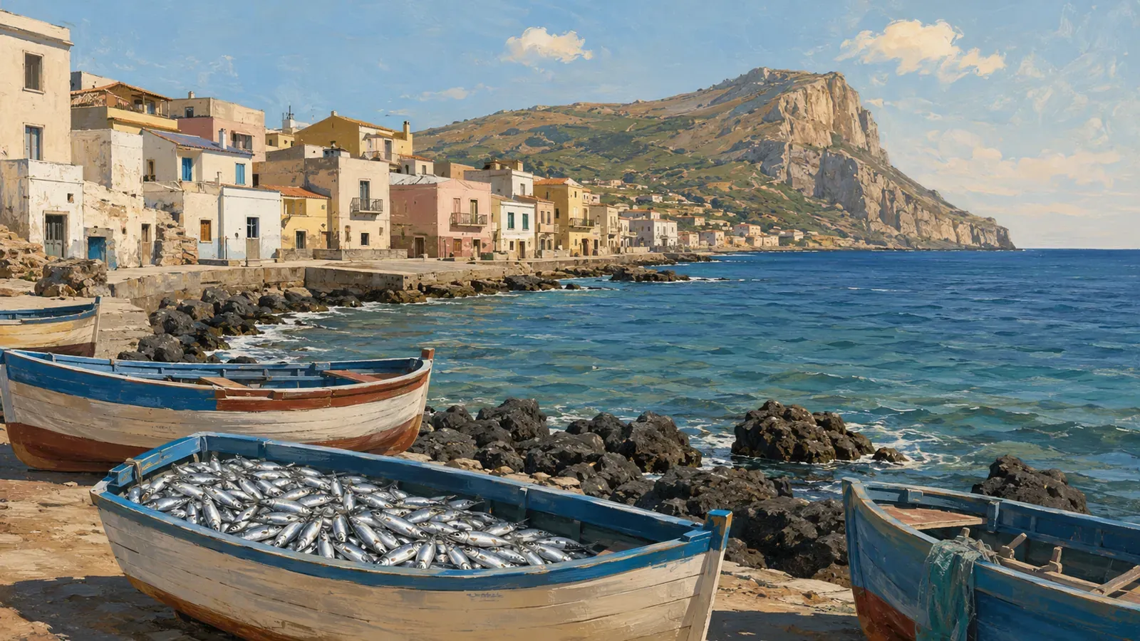 Illustrated coastal scene evoking Italy — the home of Flott