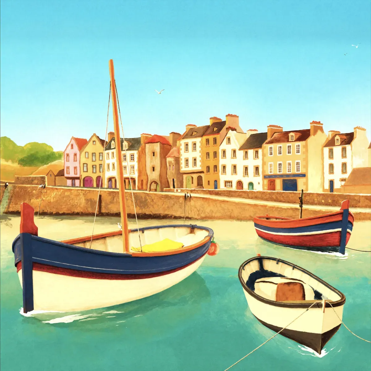 Illustrated coastal scene evoking France — the home of Petit Navire