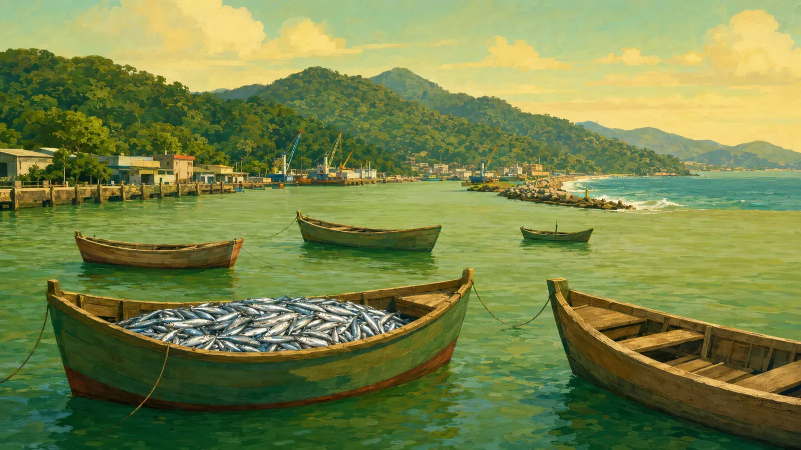 Illustrated coastal scene evoking Brazil — the home of Gomes da Costa