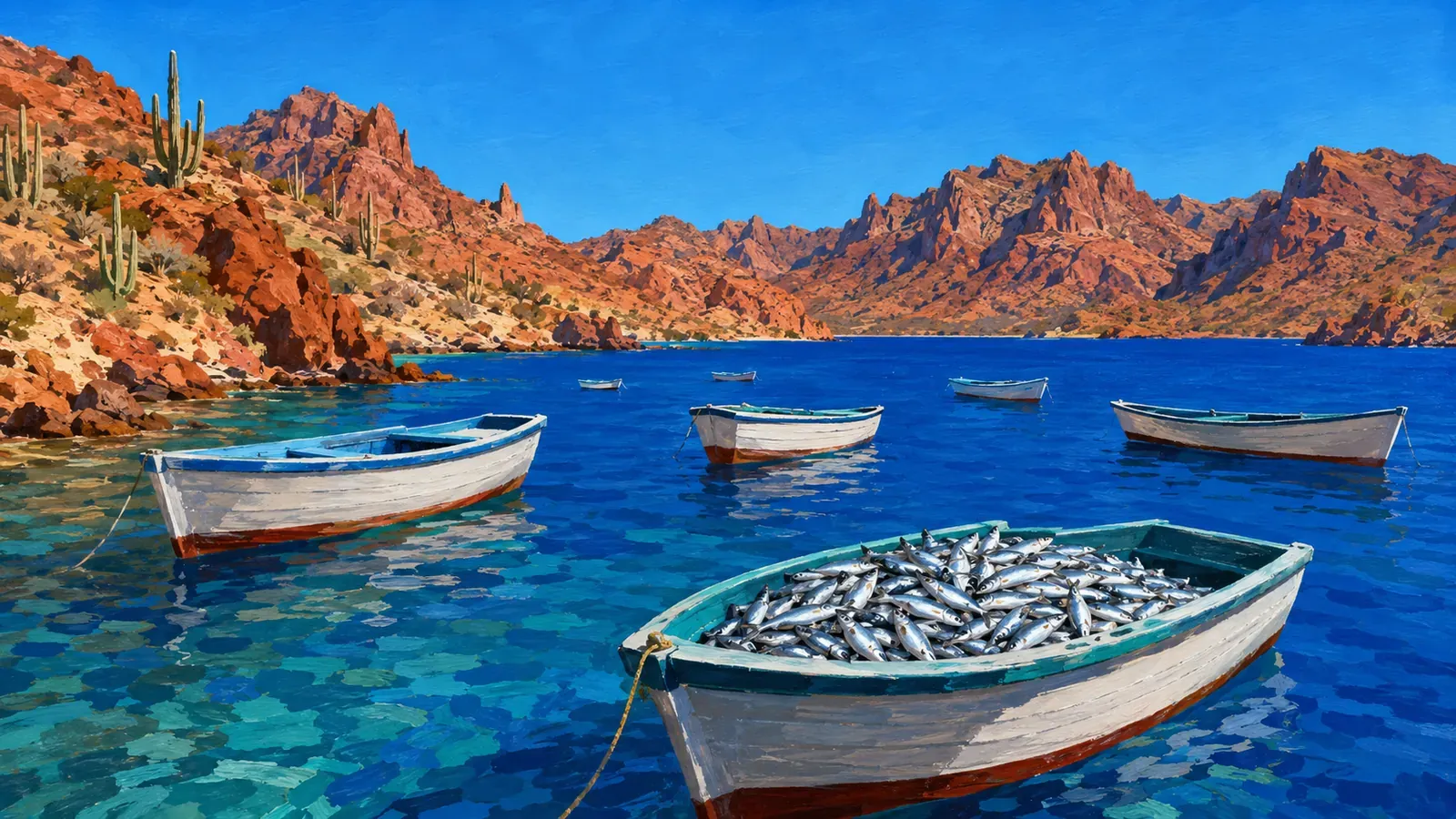 Illustrated coastal scene evoking Mexico — the home of Guaymex
