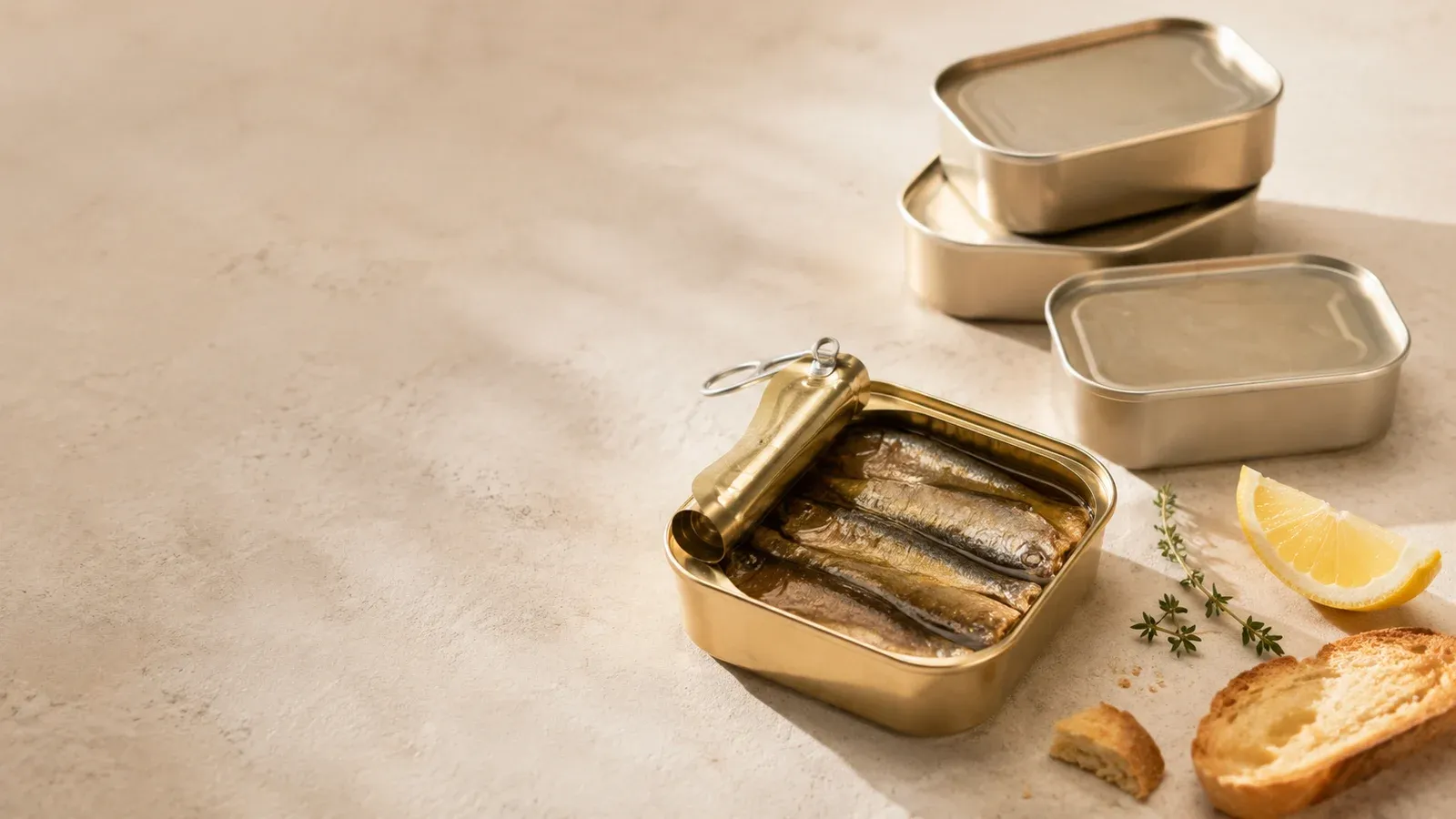 An everyday sardine tin opened with a key, sardines glistening in oil, with crusty bread and a lemon wedge