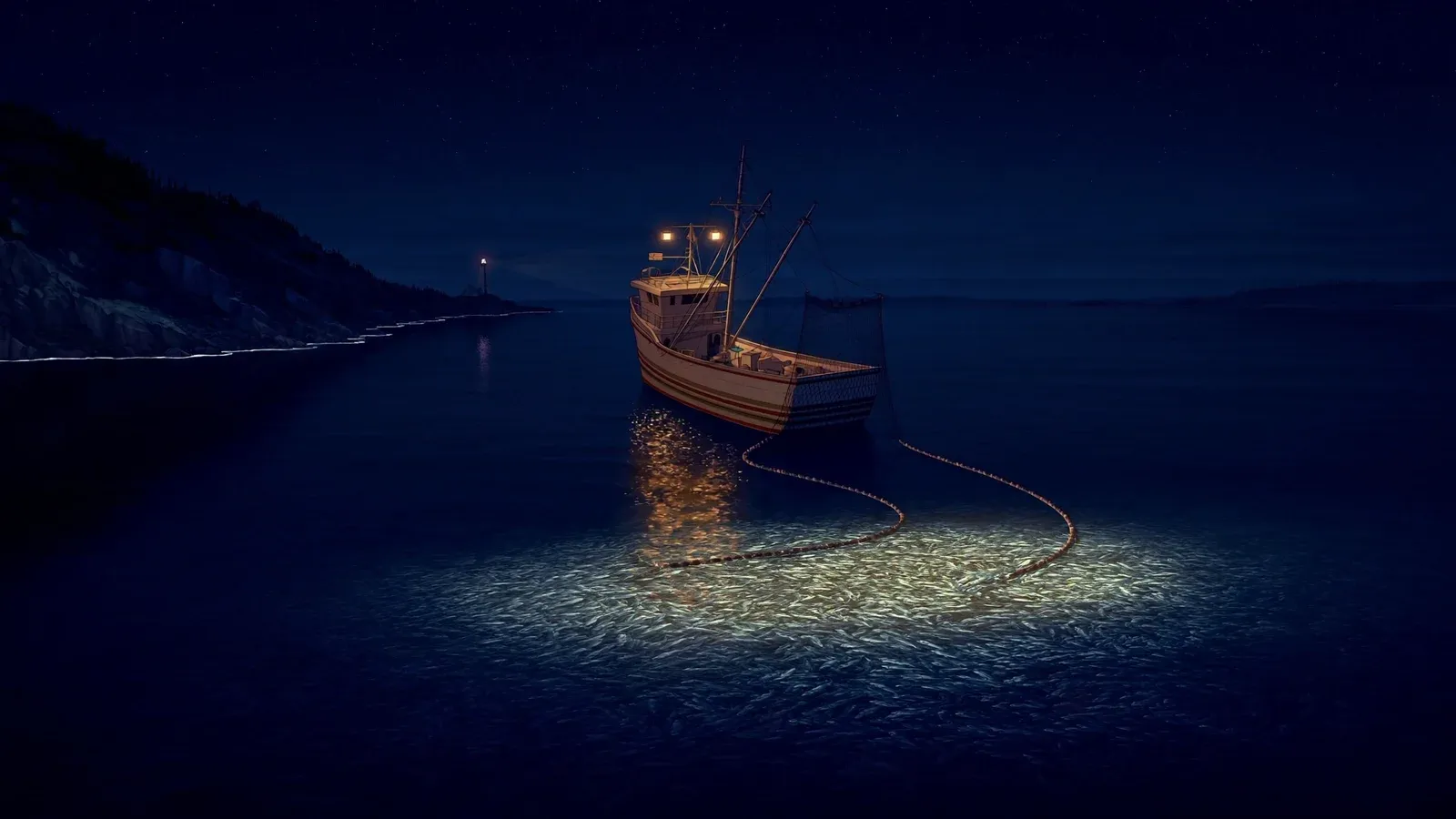 A sardine purse-seiner working under lights at night off the Atlantic coast