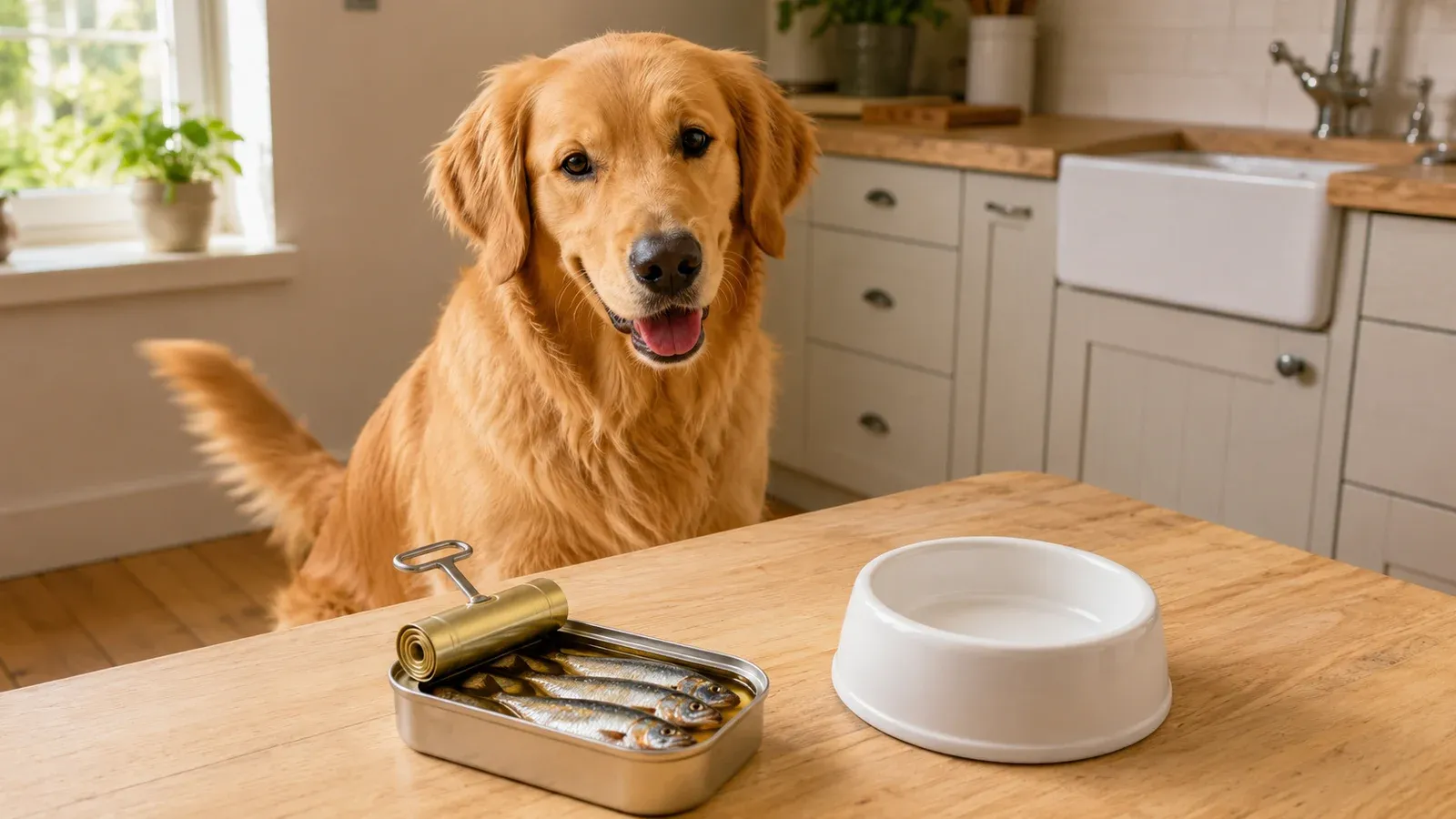 A happy dog at a kitchen table looking at an open tin of sardines