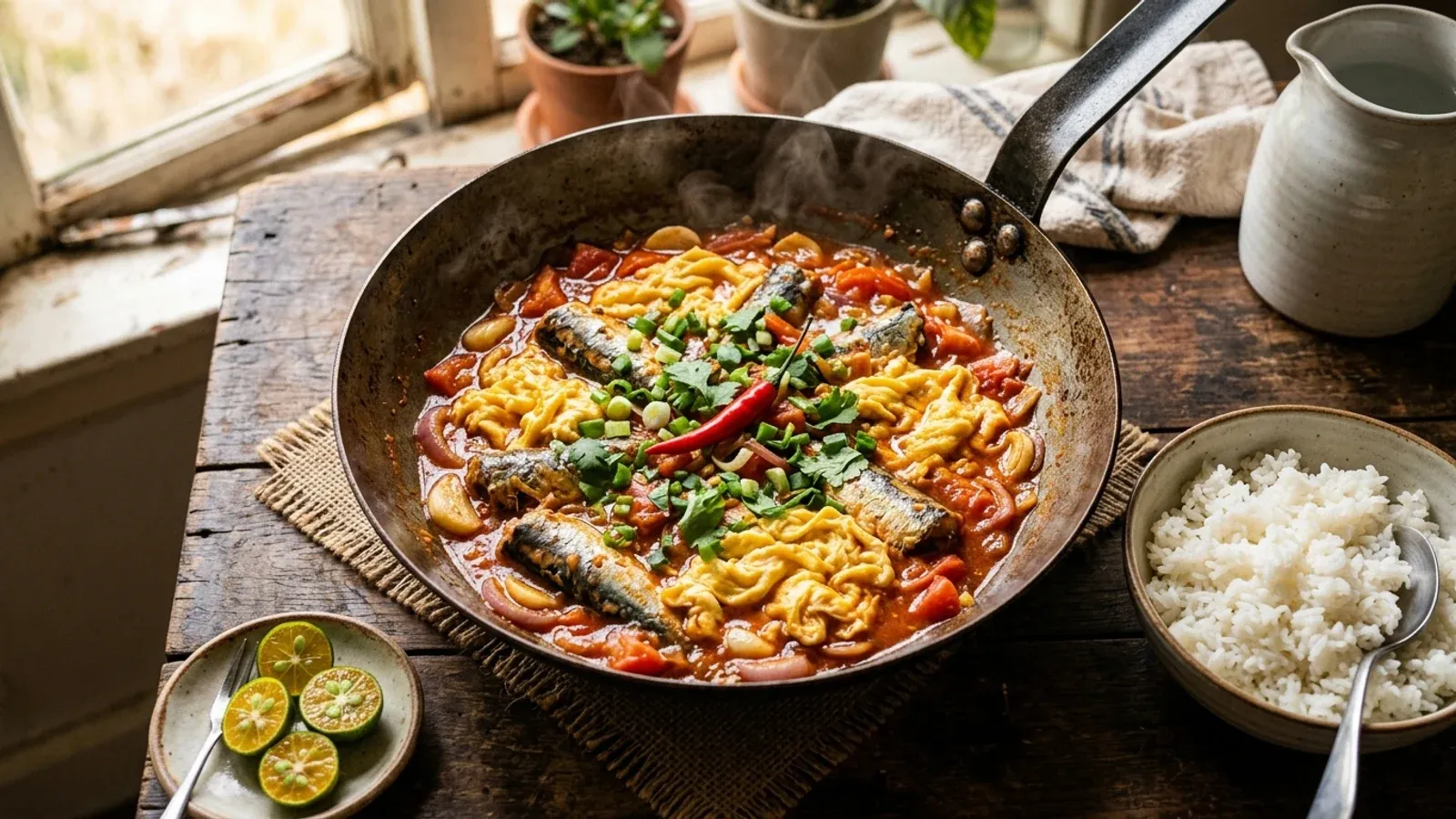 Ginisang sardinas in a pan, whole sardines in tomato sauce with scrambled egg, chili and calamansi, served with steamed rice
