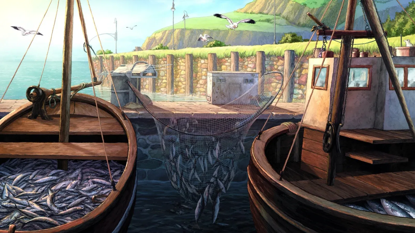 Illustrated fishing harbour — wooden boats laden with fresh-caught silver fish and a net of catch lifted from the water beside a stone quay, gulls overhead