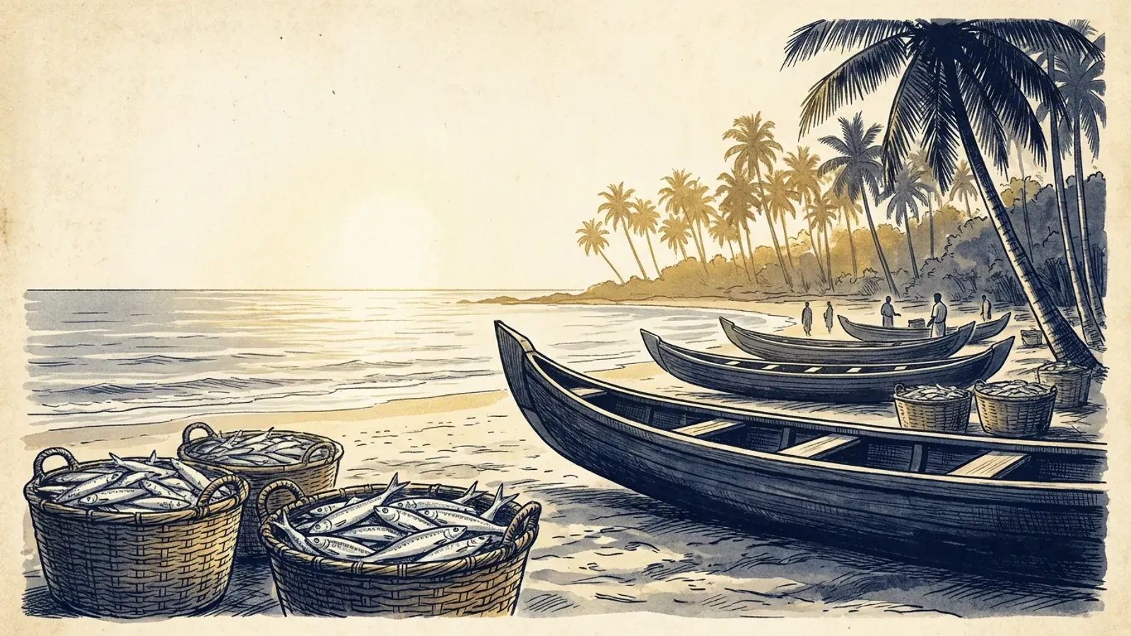Illustration of a Kerala beach at dawn — vallam boats and baskets of oil sardines in a house-lithograph palette
